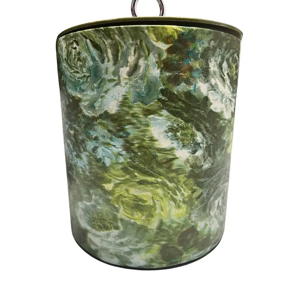 Vintage 1970's Retro Floral Green Vinyl Barware Handled Ice Bucket with Lid